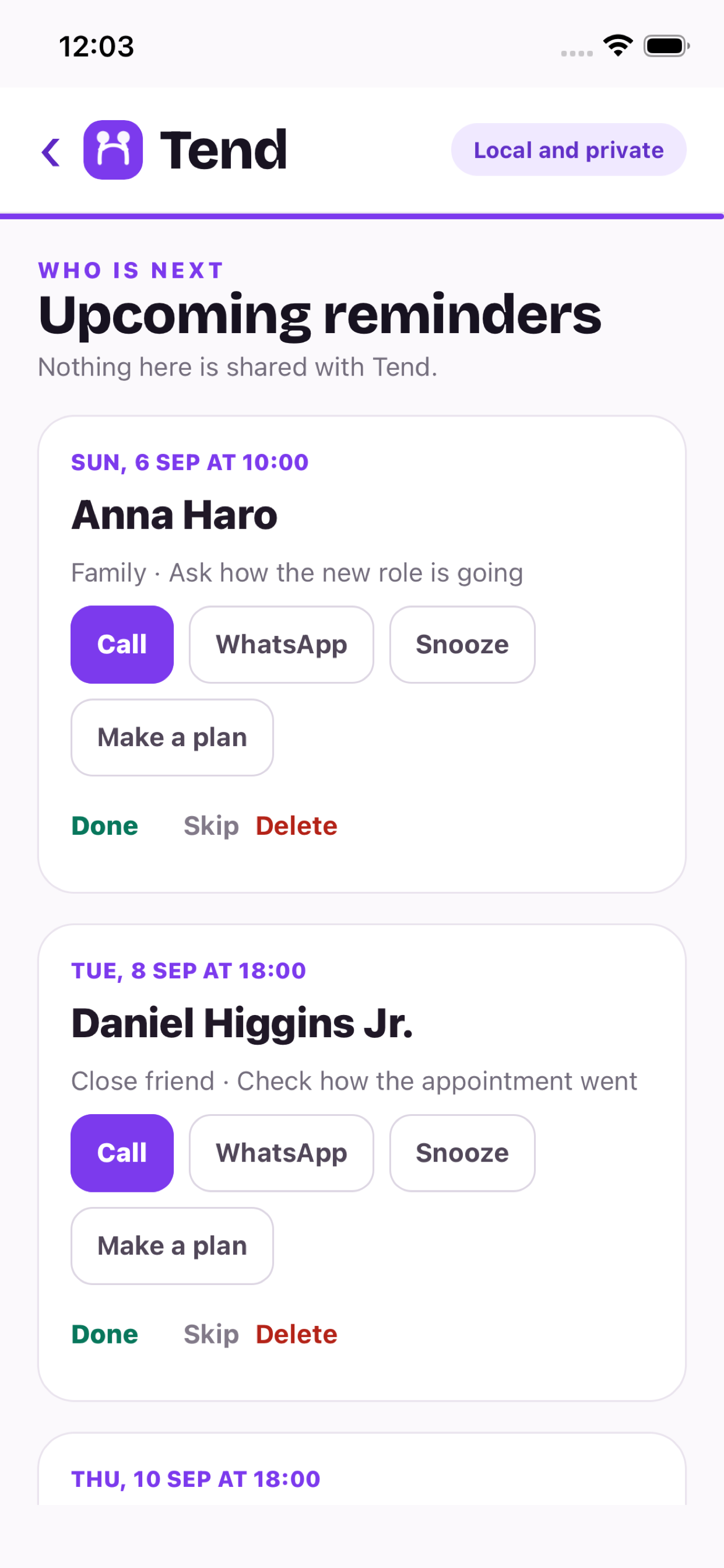 Tend upcoming reminders, with Call, WhatsApp, Snooze and Make a plan actions
